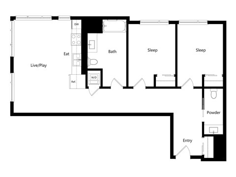 A floor plan of a house with a living room, two bedrooms, a bathroom, and a powder room.